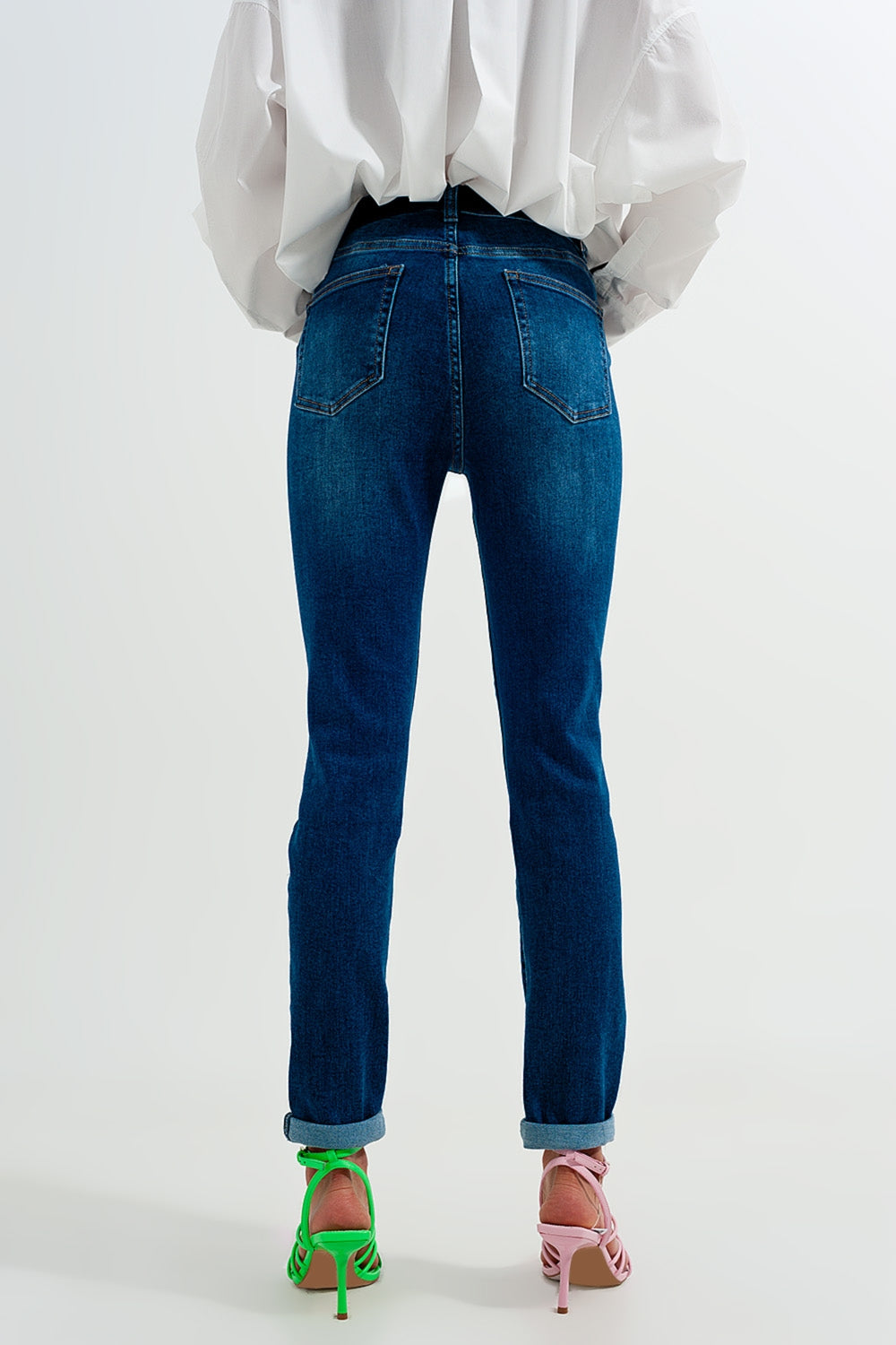 Calças de ganga skinny de algodão azul escuro com ajuste skinny