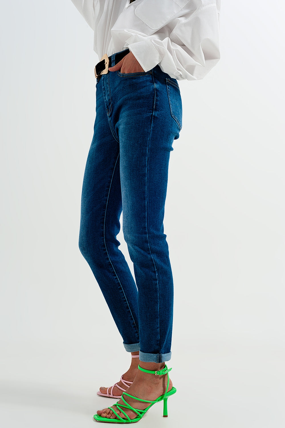 Calças de ganga skinny de algodão azul escuro com ajuste skinny