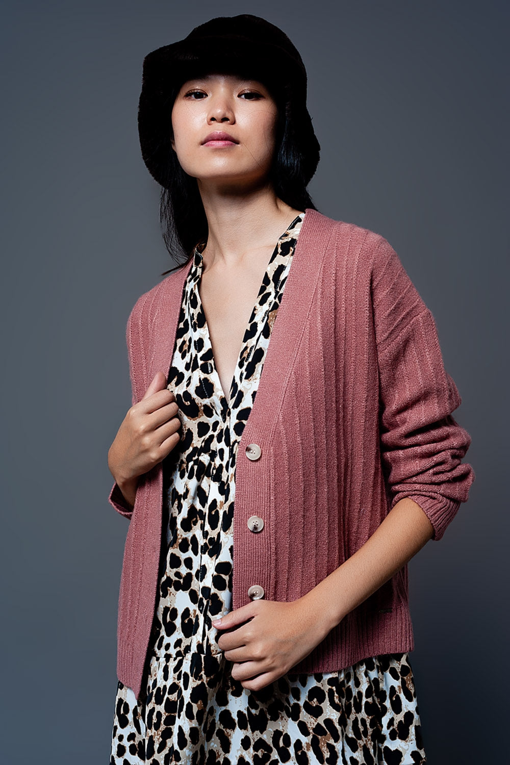 Cardigan de malha com mangas de balão rosa