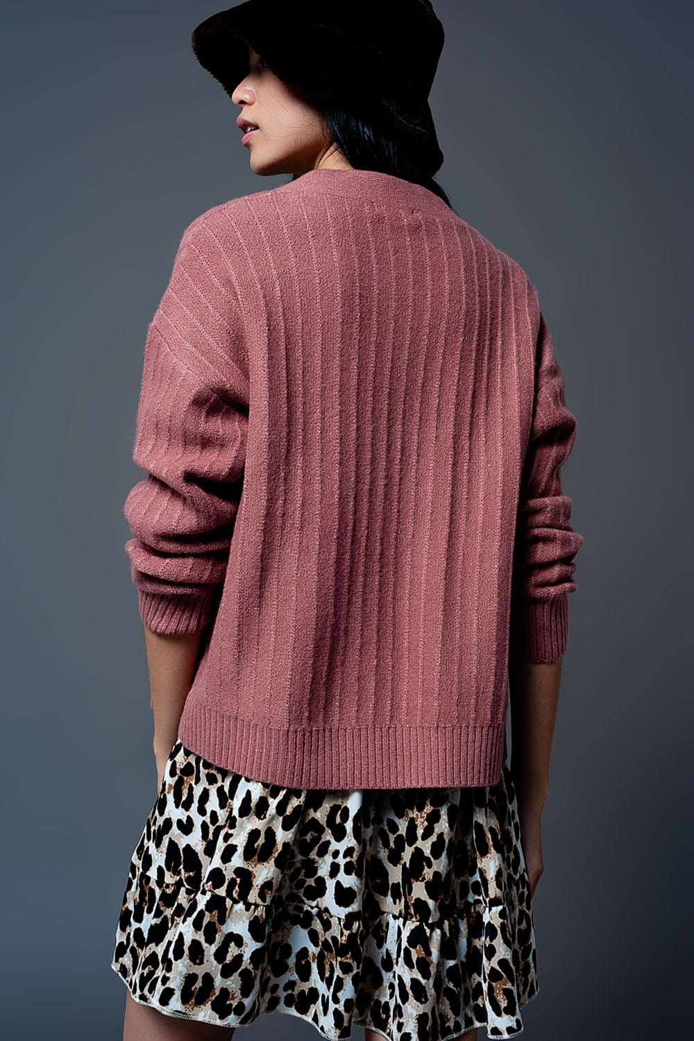 Cardigan de malha com mangas de balão rosa