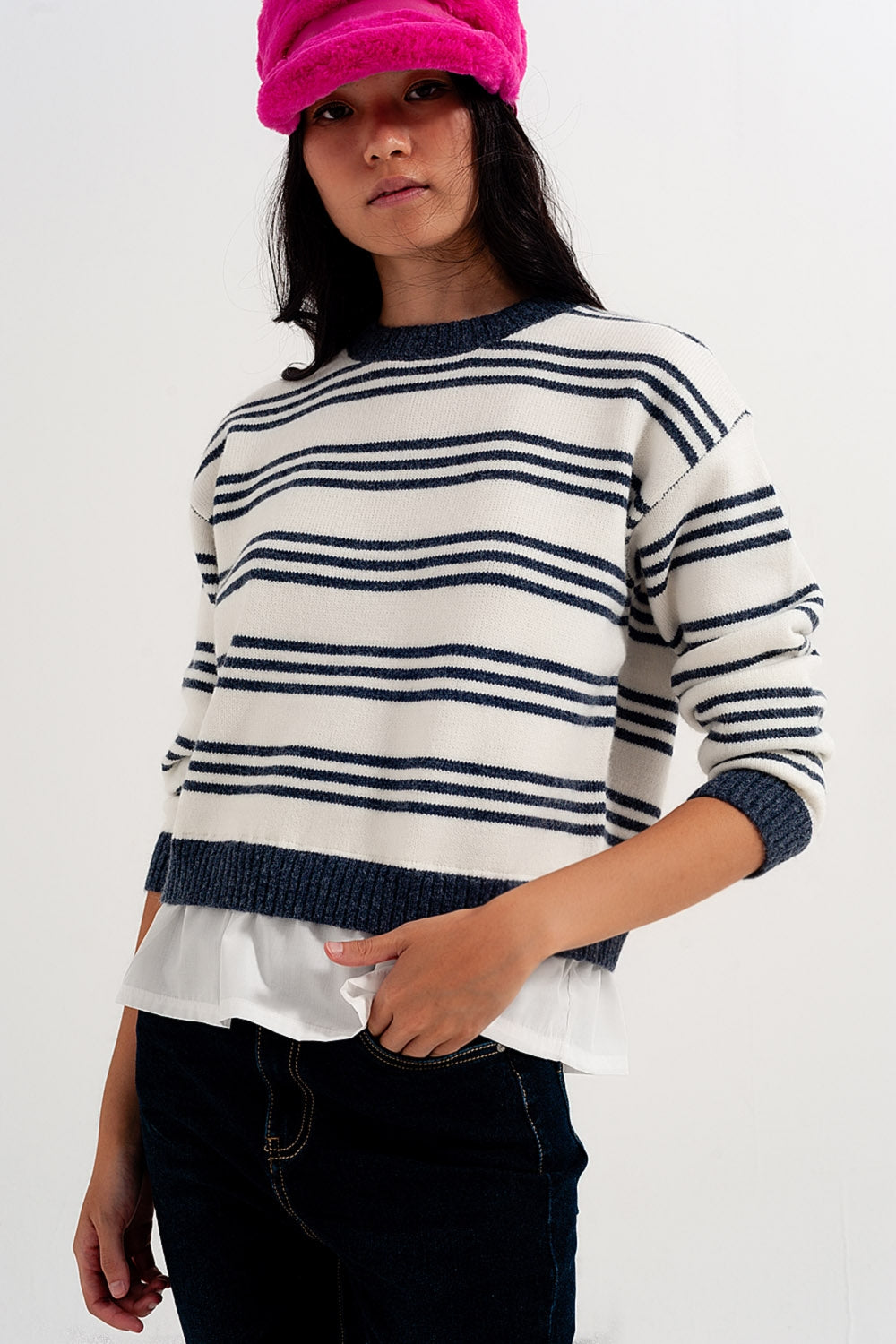 Camisola de manga comprida listrada branca e azul