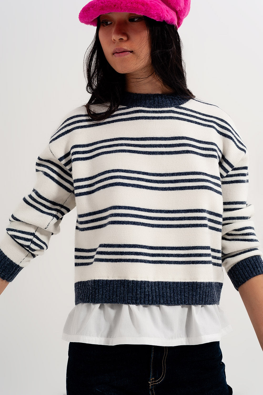 Camisola de manga comprida listrada branca e azul