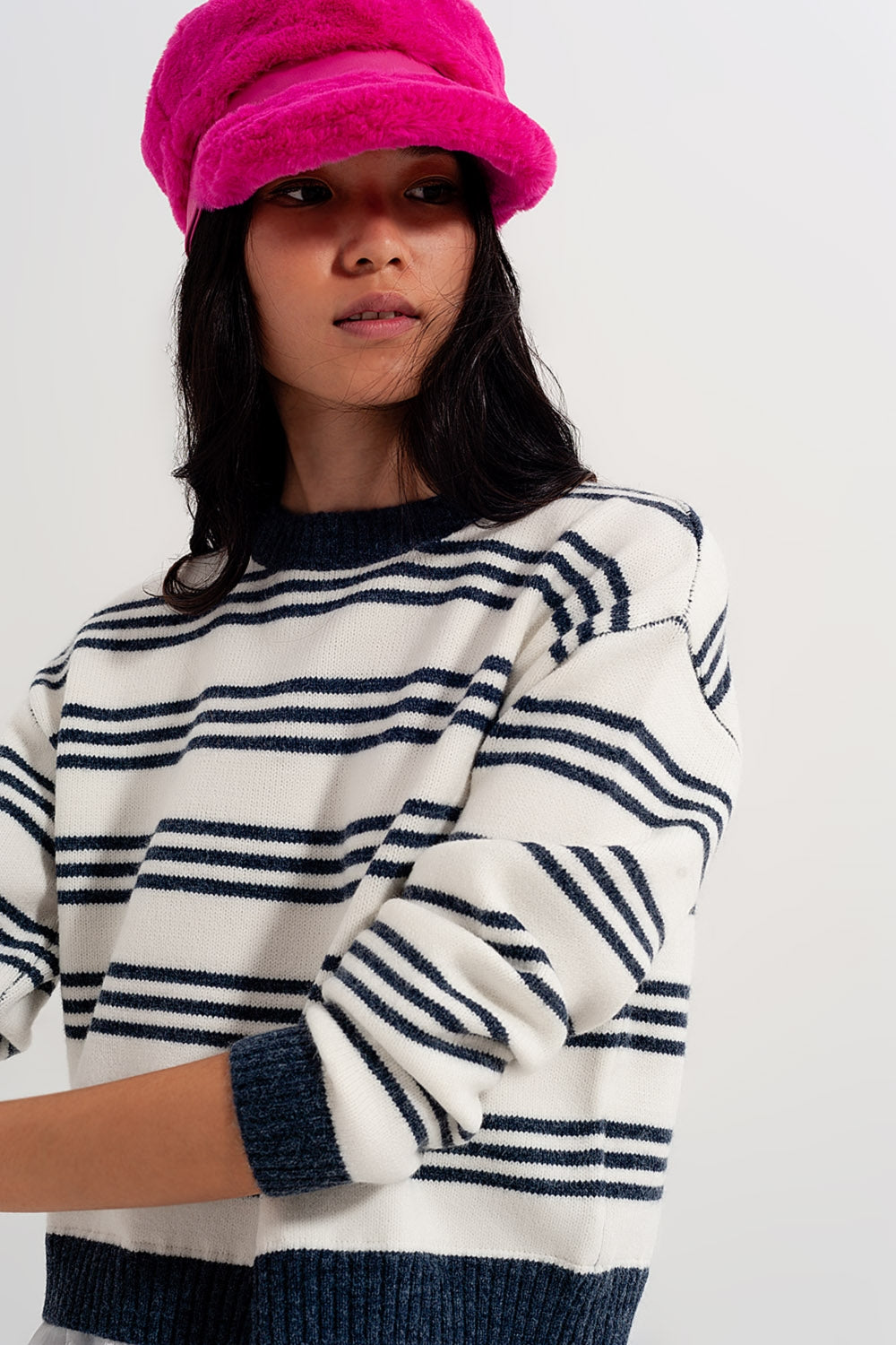 Camisola de manga comprida listrada branca e azul