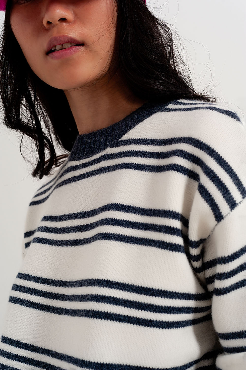 Camisola de manga comprida listrada branca e azul