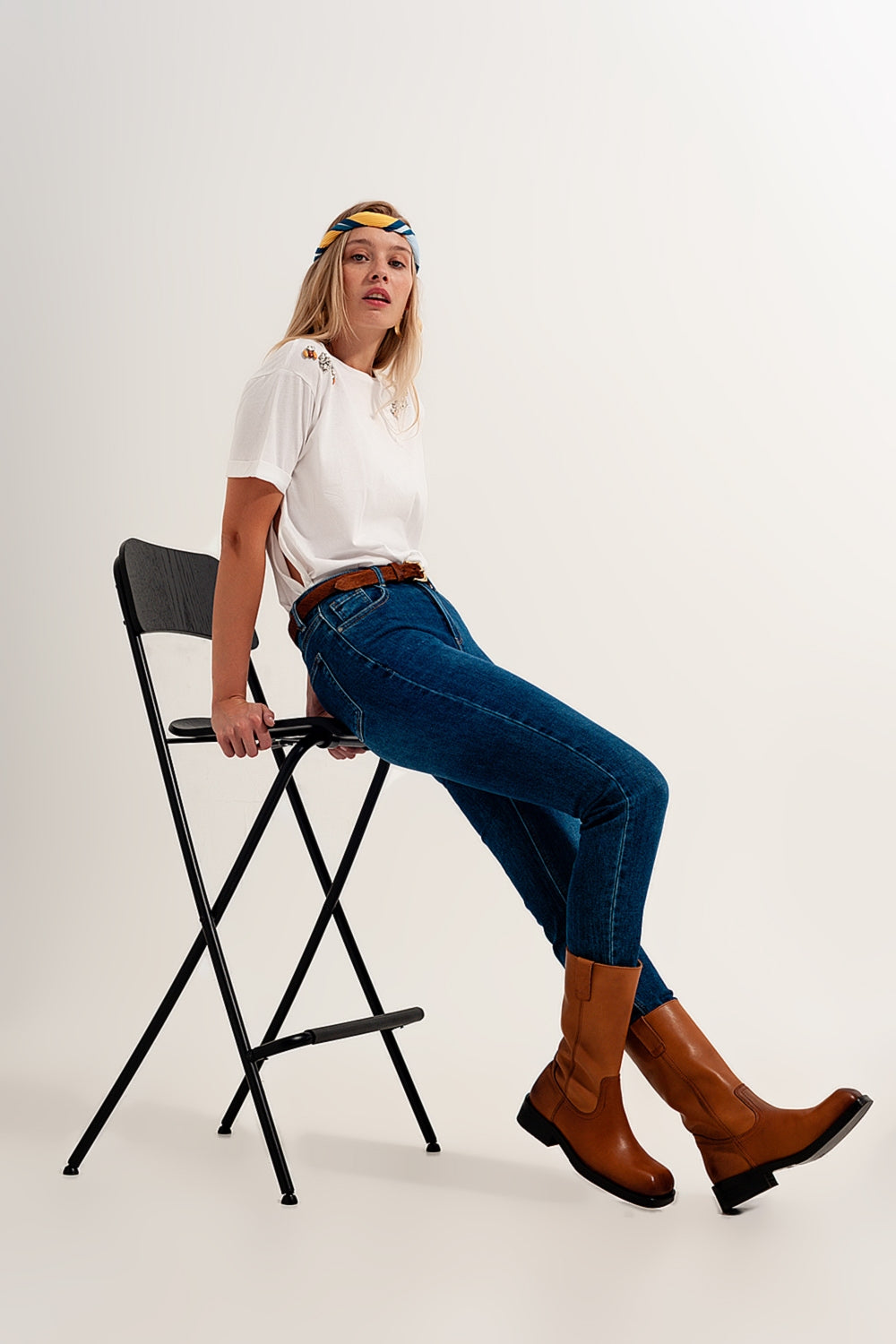 jeans super skinny de cintura alta em azul escuro com elástico de alta qualidade