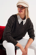 Camisola de pescoço mosqueado de cor preto para tripulação
