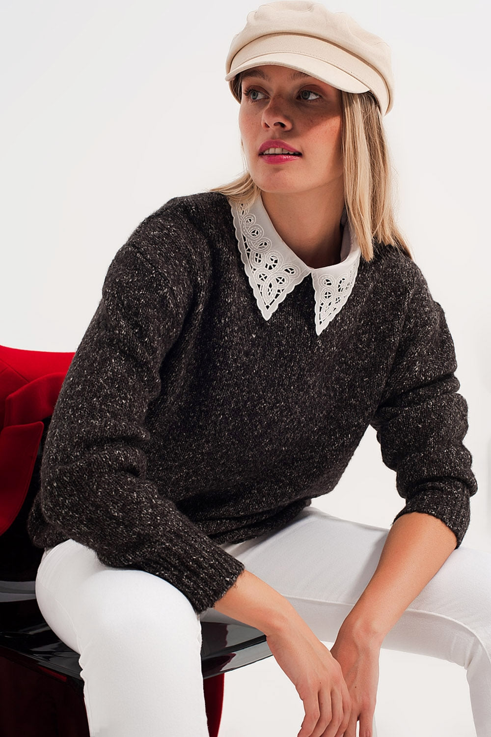Camisola de pescoço mosqueado de cor preto para tripulação