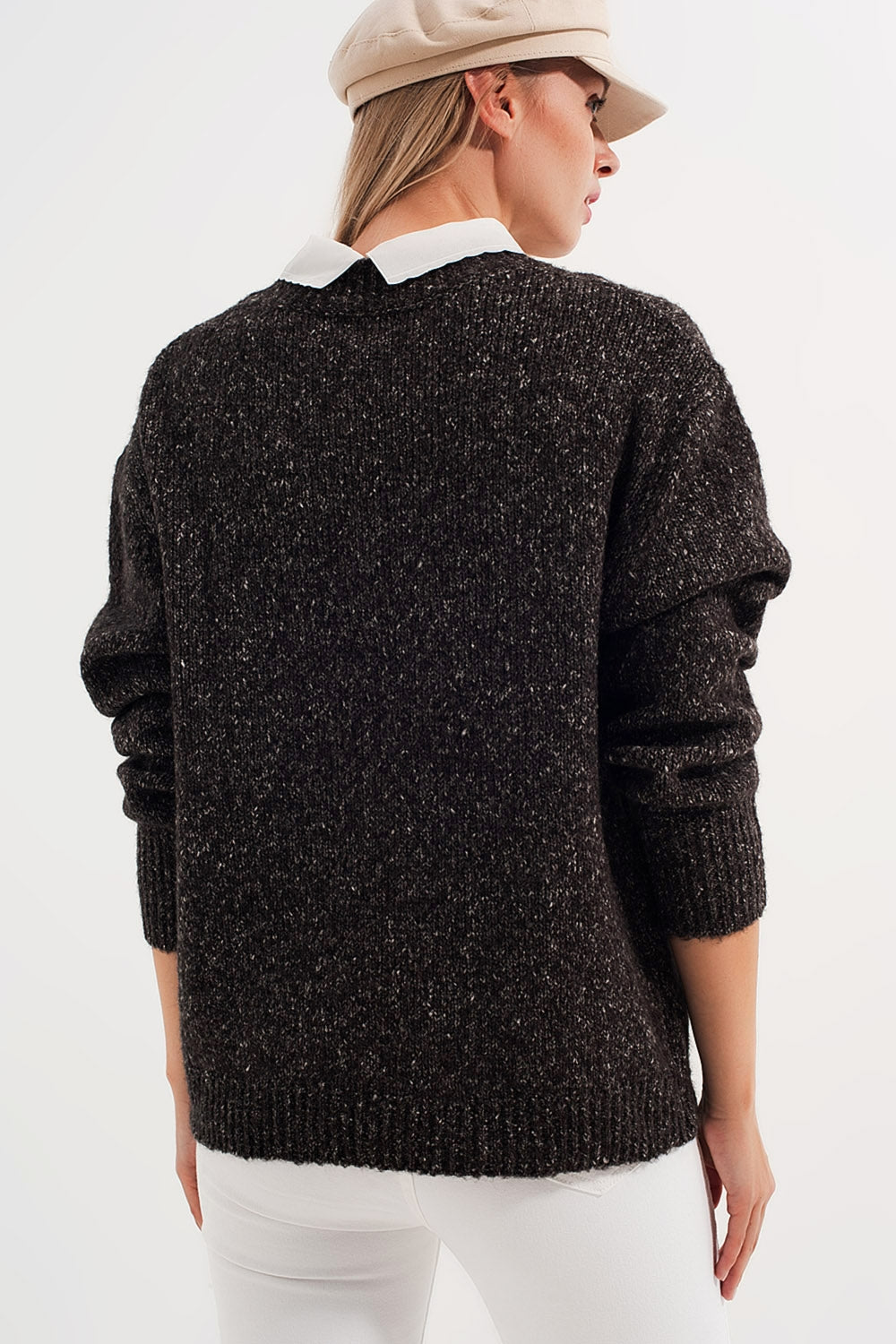 Camisola de pescoço mosqueado de cor preto para tripulação