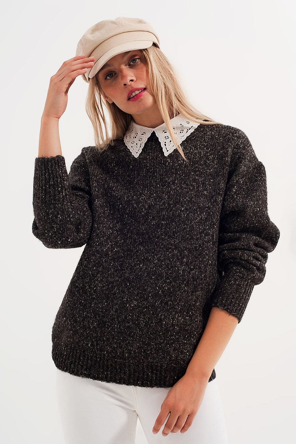 Camisola de pescoço mosqueado de cor preto para tripulação