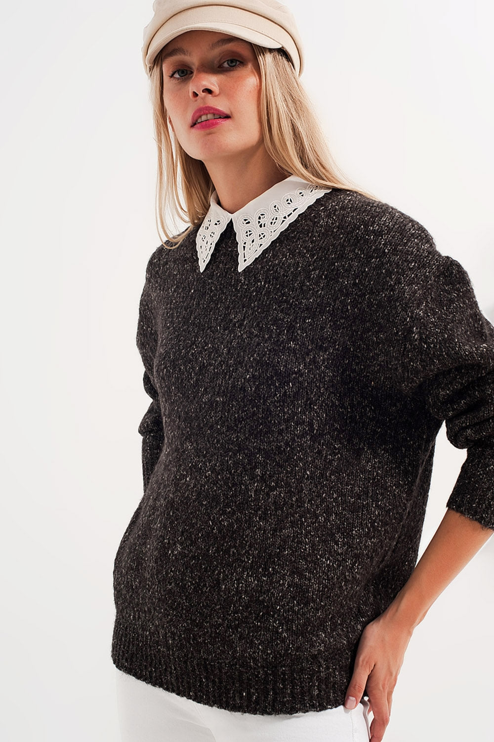 Camisola de pescoço mosqueado de cor preto para tripulação