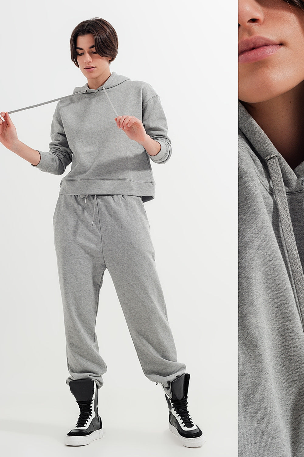 Blusa de moletom básica cinzento com capuz e cordões