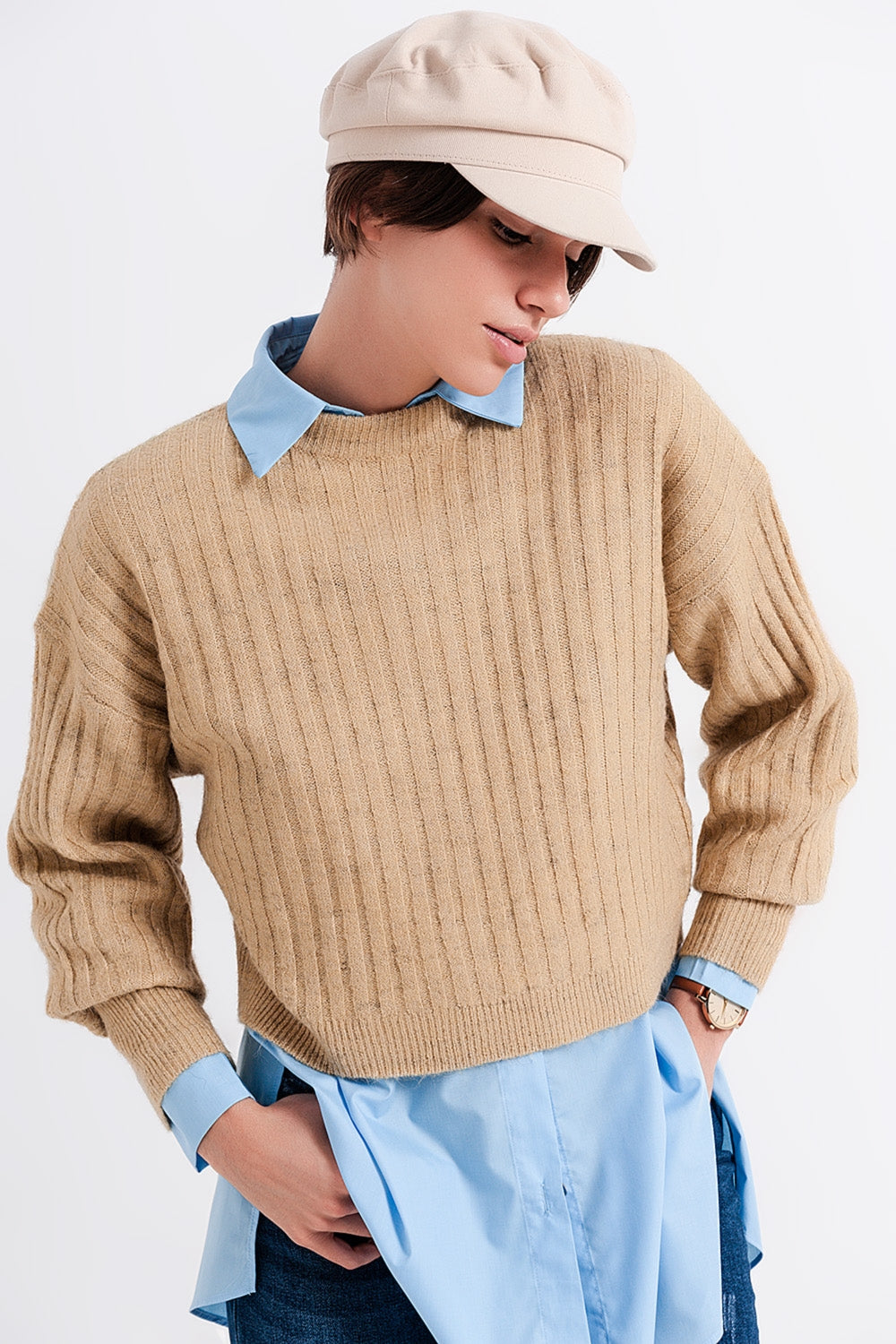 Camisola com nervuras nervuradas bege