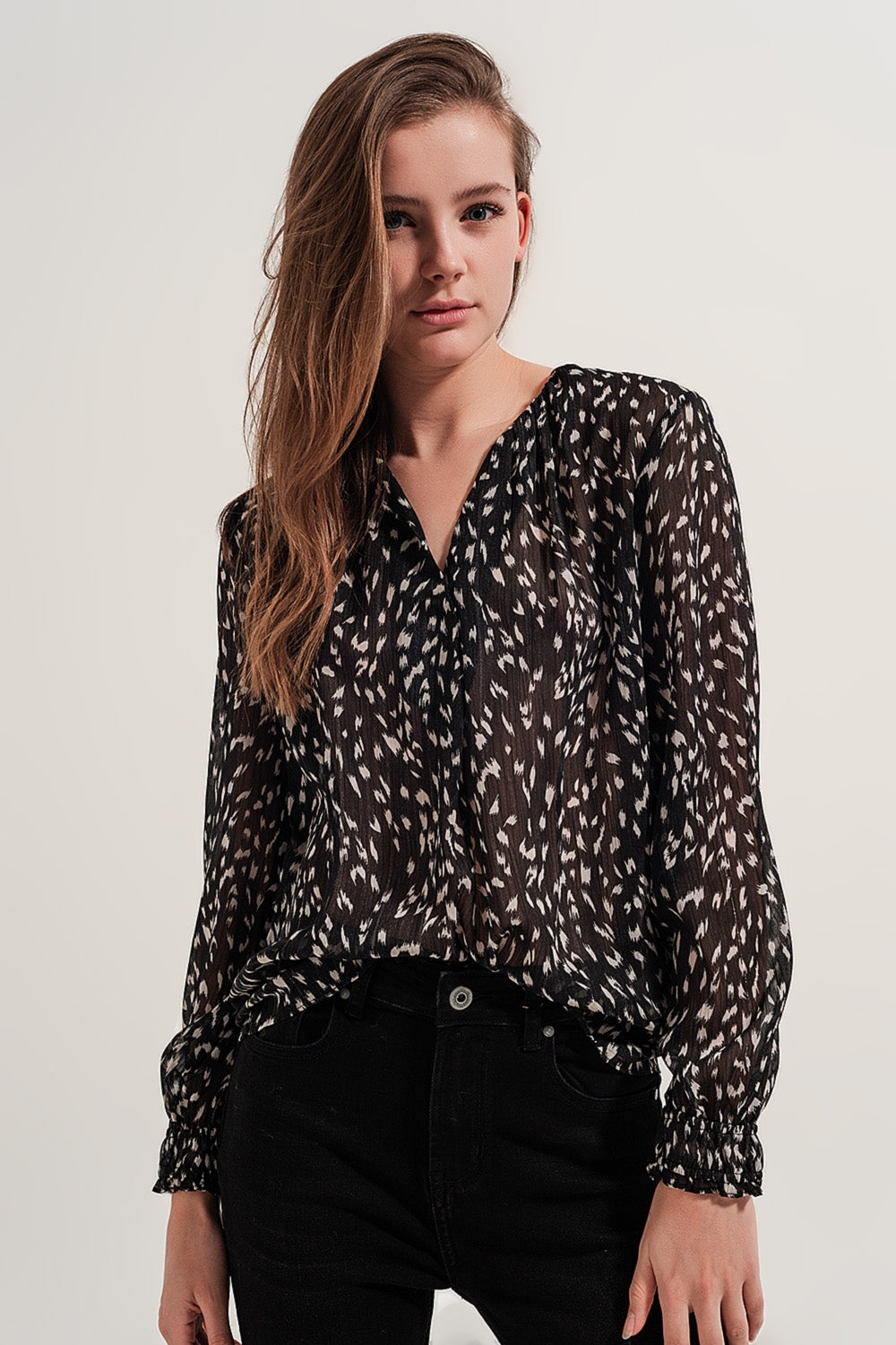 Blusa transparente de manga comprida com impressão