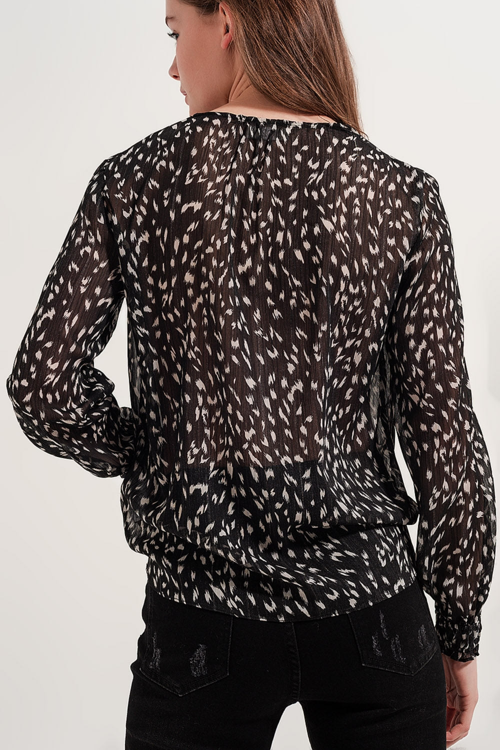 Blusa transparente de manga comprida com impressão