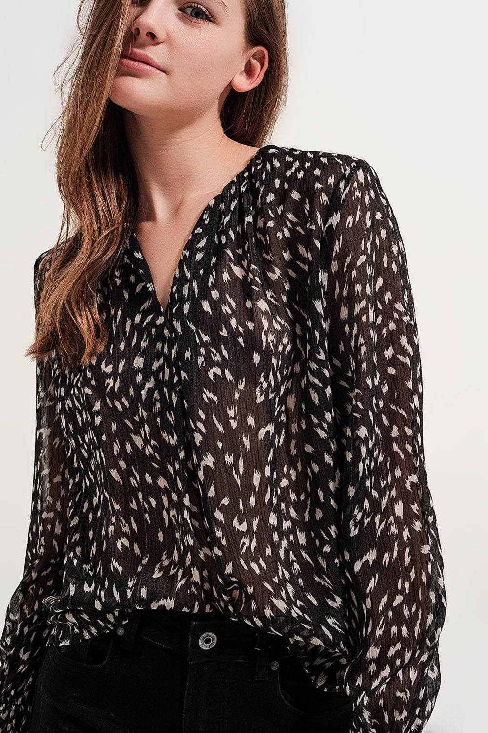 Blusa transparente de manga comprida com impressão