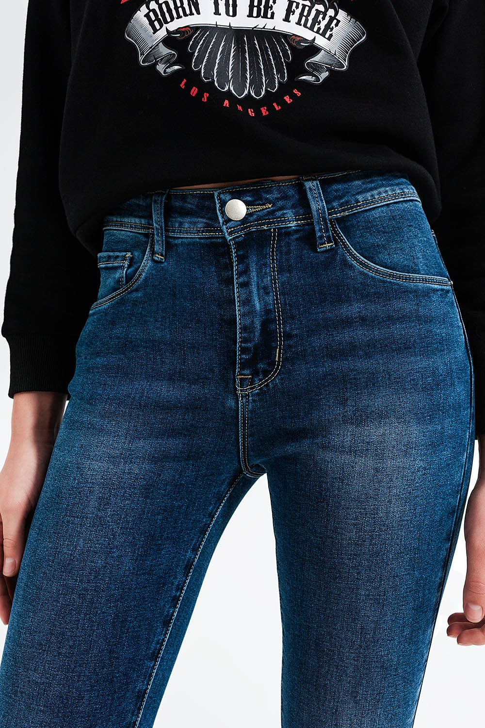 Calças de ganga skinny azuis médias lavadas com alta elevação