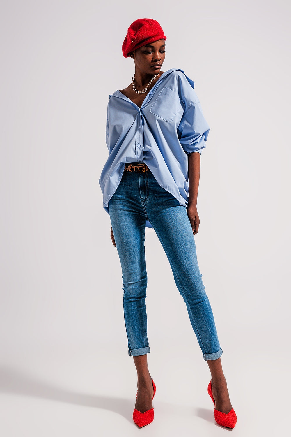 Camisa poplin azul com um corte largo