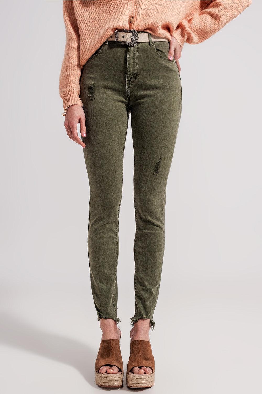 Calças de ganga skinny verdes com desenho rasgado