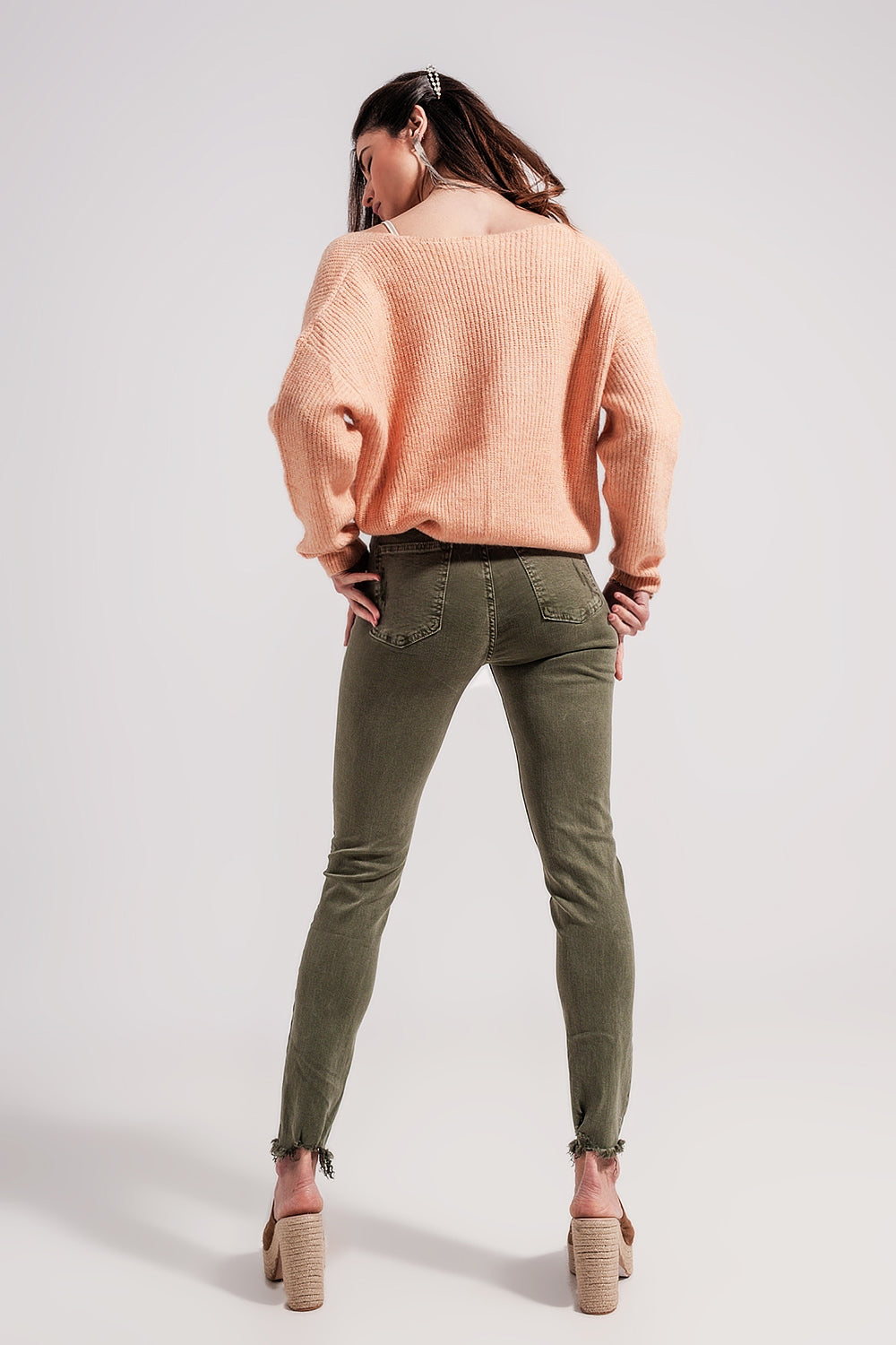Calças de ganga skinny verdes com desenho rasgado