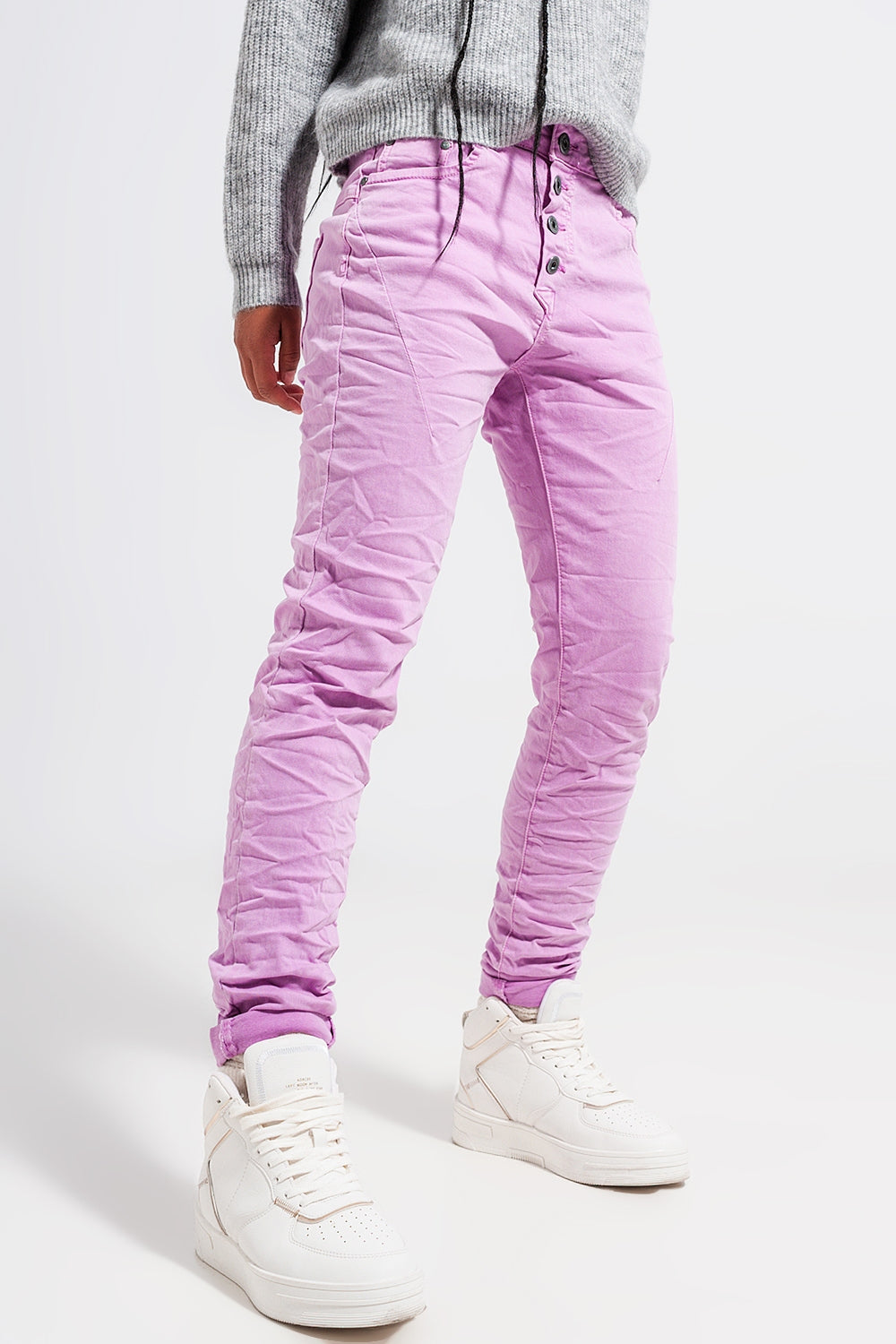 Calças de ganga skinny rosa com fecho de botão exposto