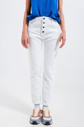 Calças de ganga skinny branco com fecho de botão exposto