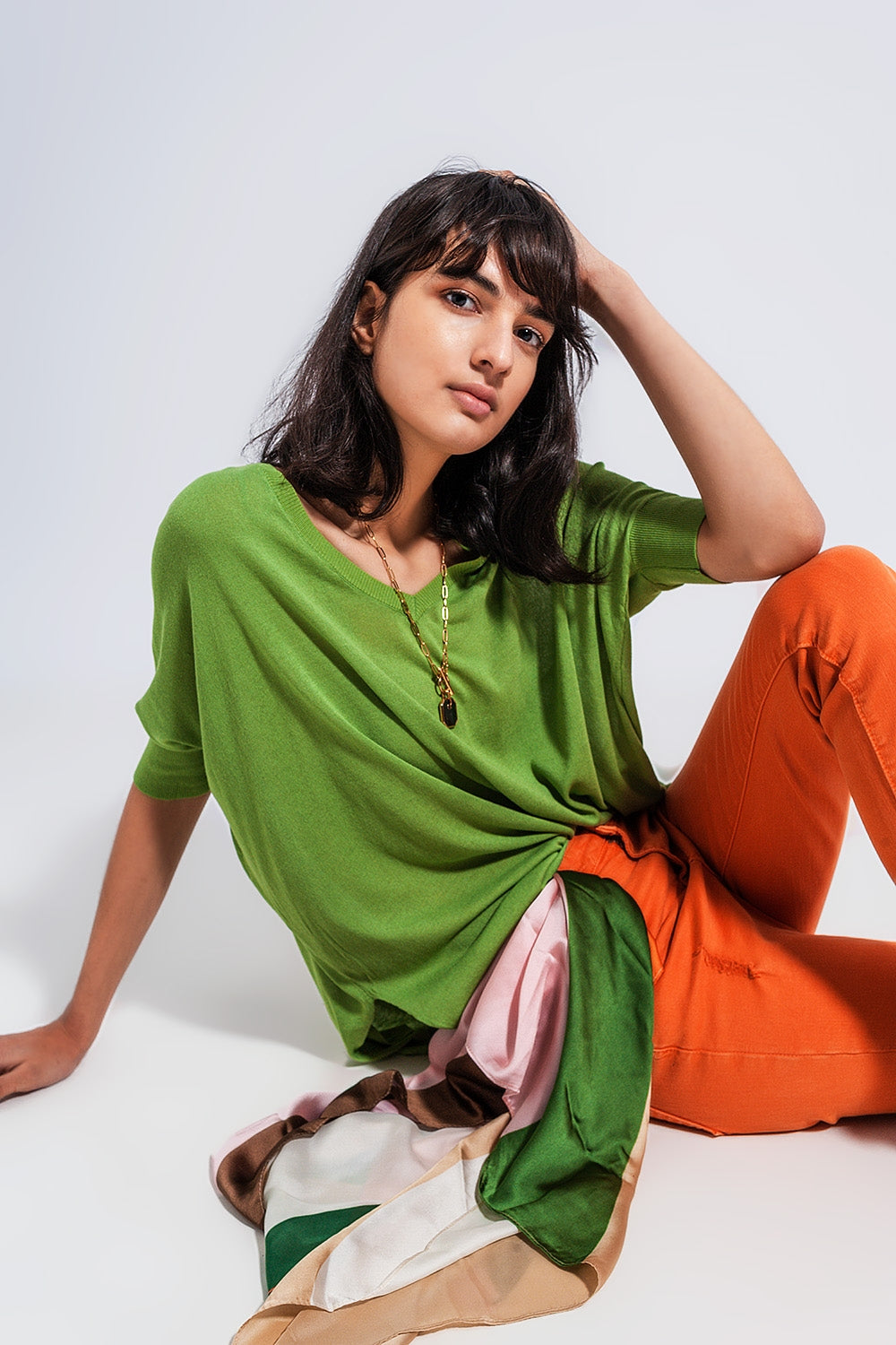 Camisola de manga curta de corte quadrado em verde