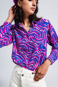 Camisa fluida em tons luminosos com impressão abstracta púrpura