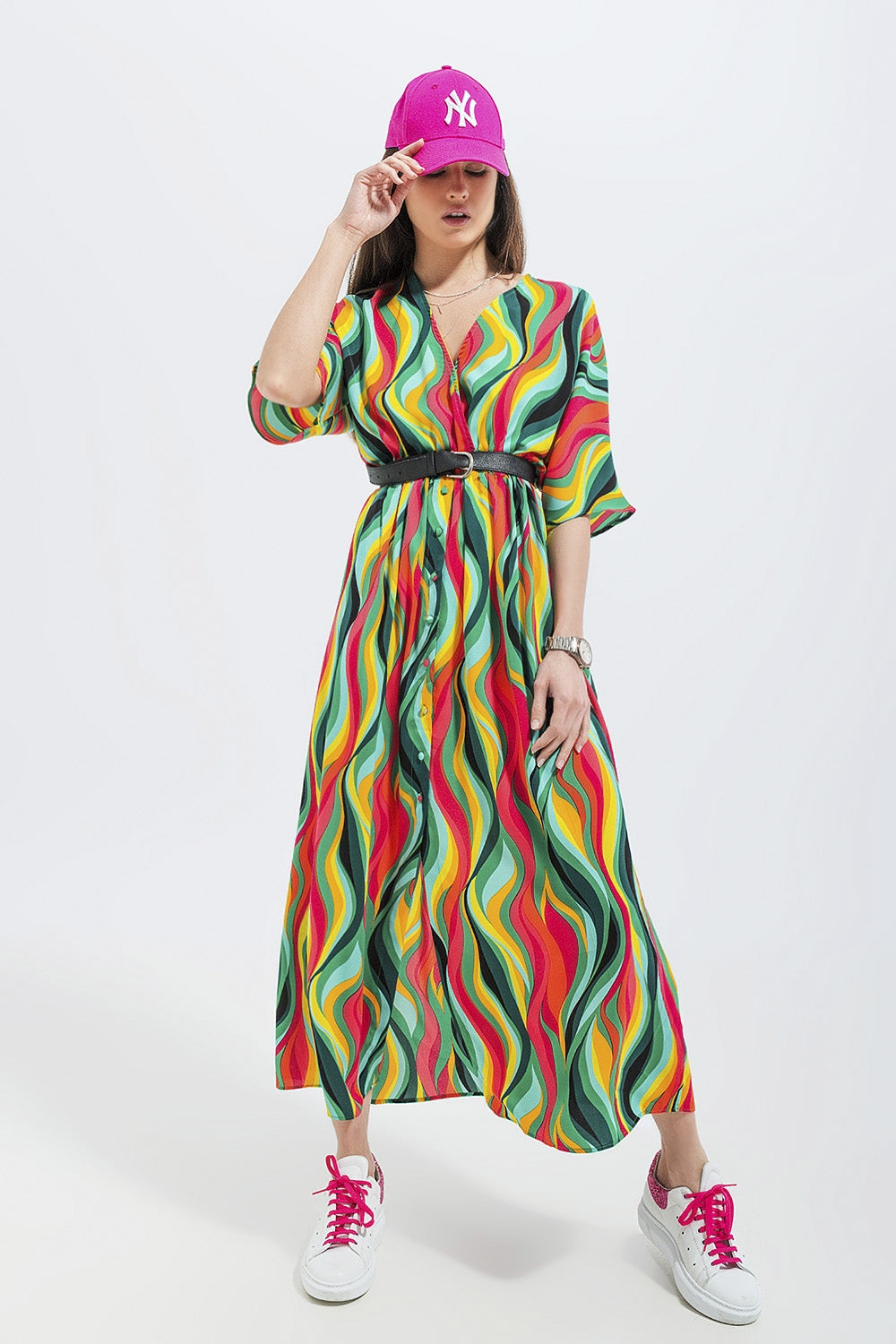 Vestido de camisa com estampa de redemoinho abstracta em verde