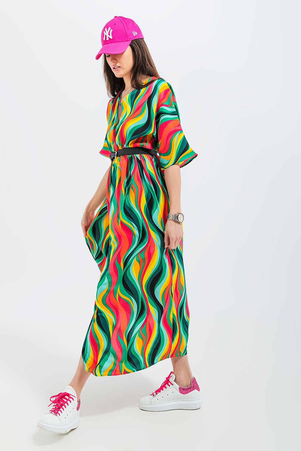 Vestido de camisa com estampa de redemoinho abstracta em verde
