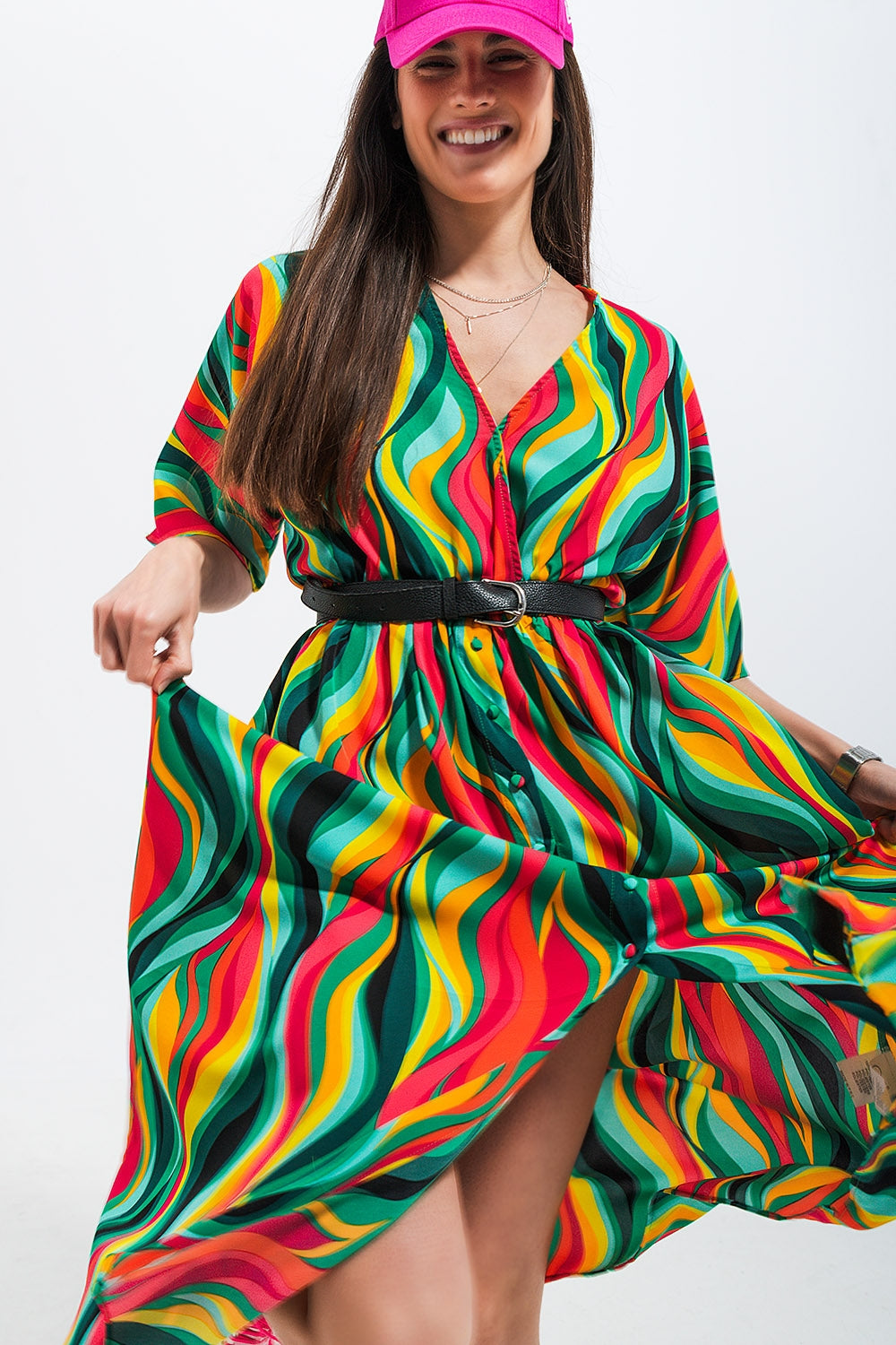 Vestido de camisa com estampa de redemoinho abstracta em verde