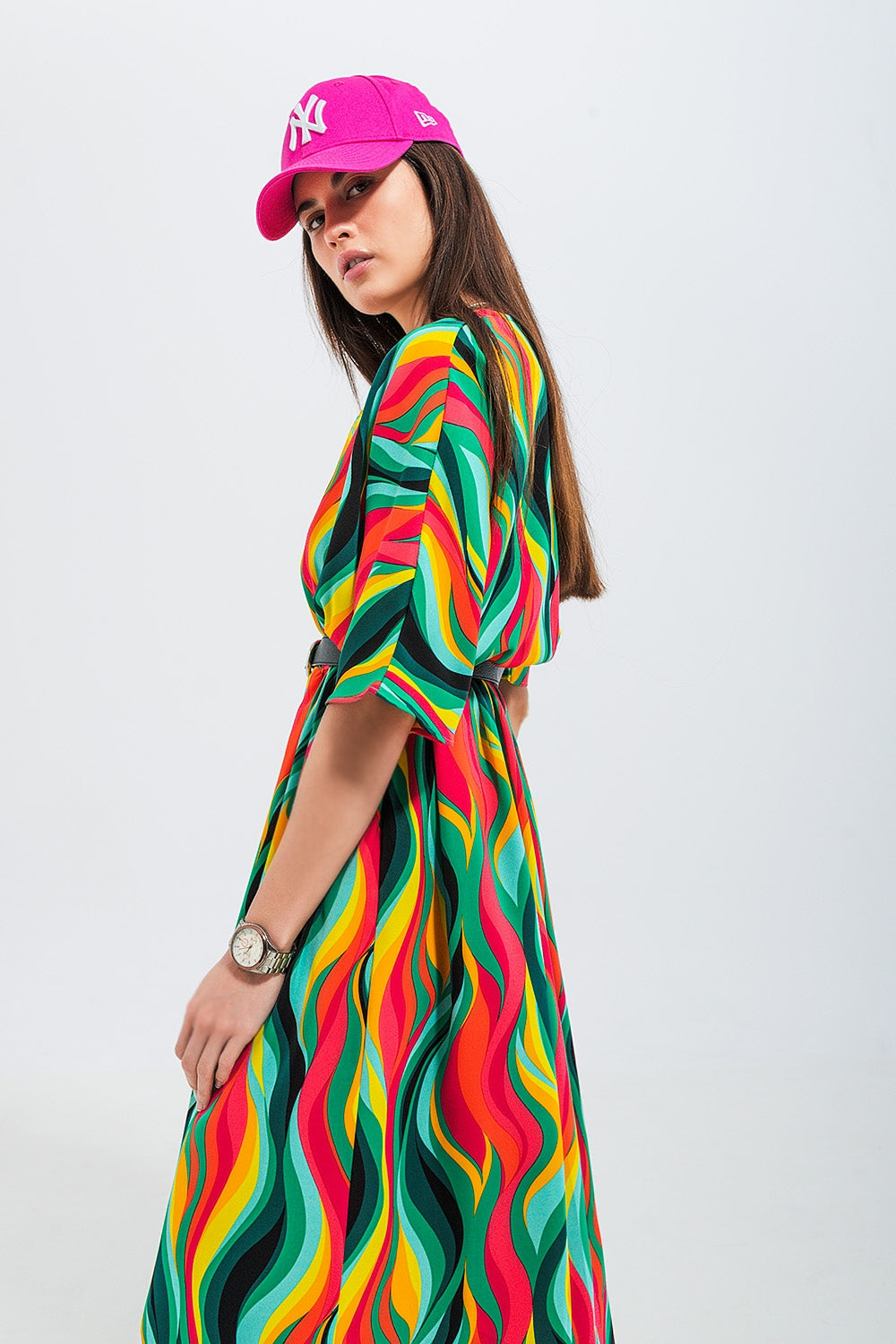Vestido de camisa com estampa de redemoinho abstracta em verde