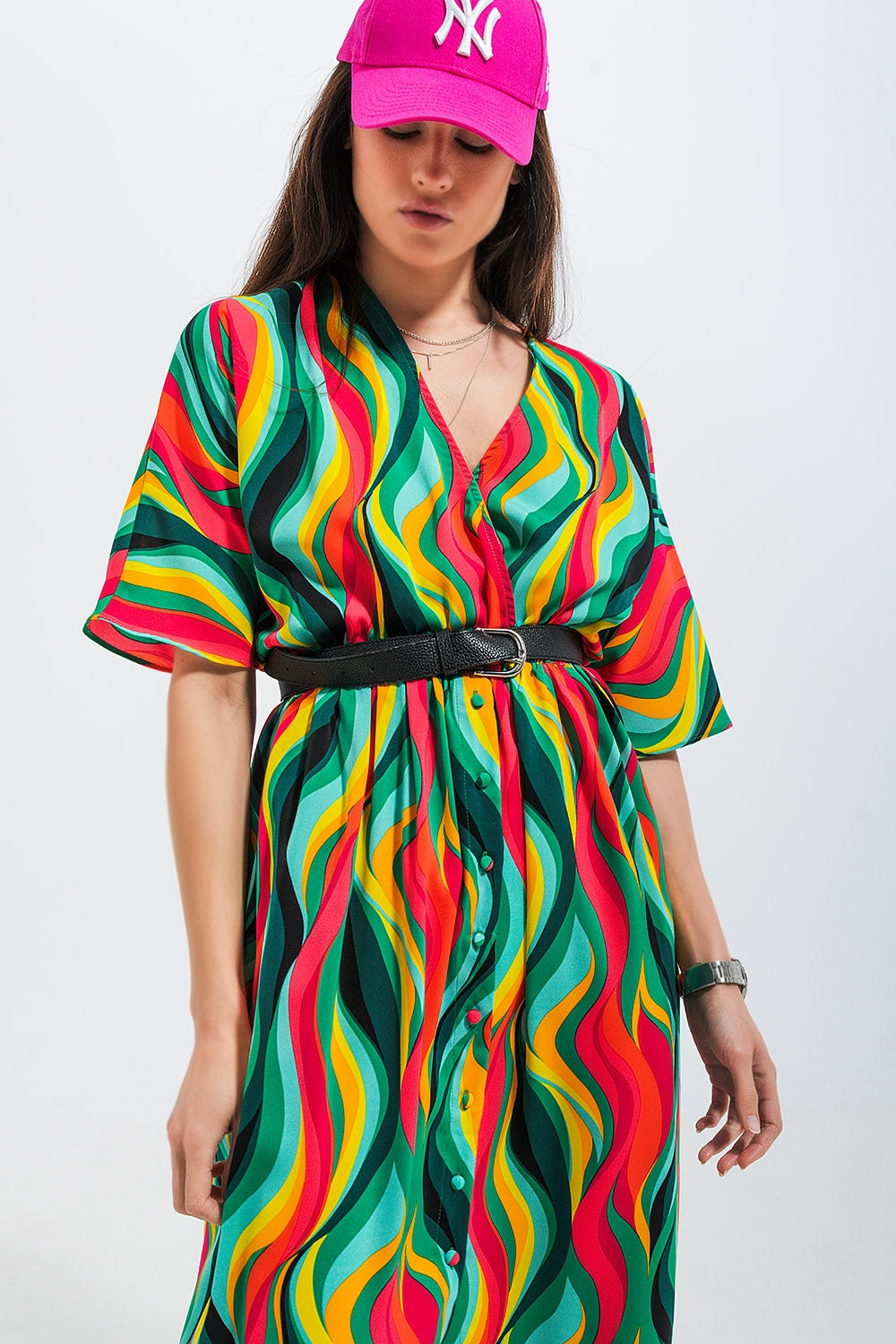 Vestido de camisa com estampa de redemoinho abstracta em verde
