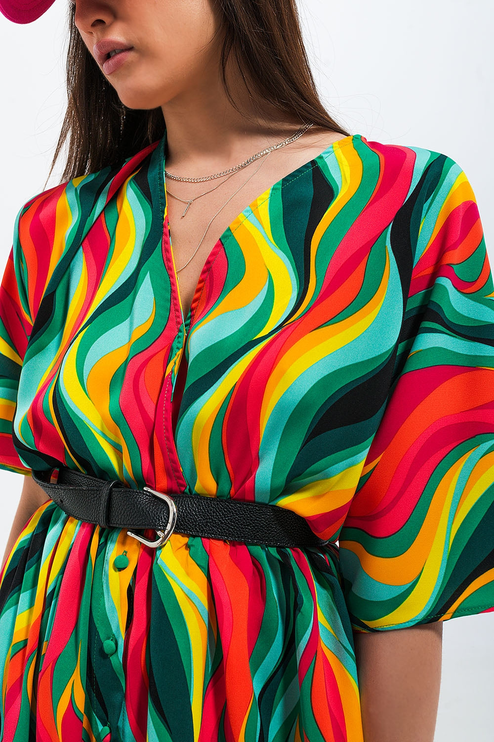 Vestido de camisa com estampa de redemoinho abstracta em verde