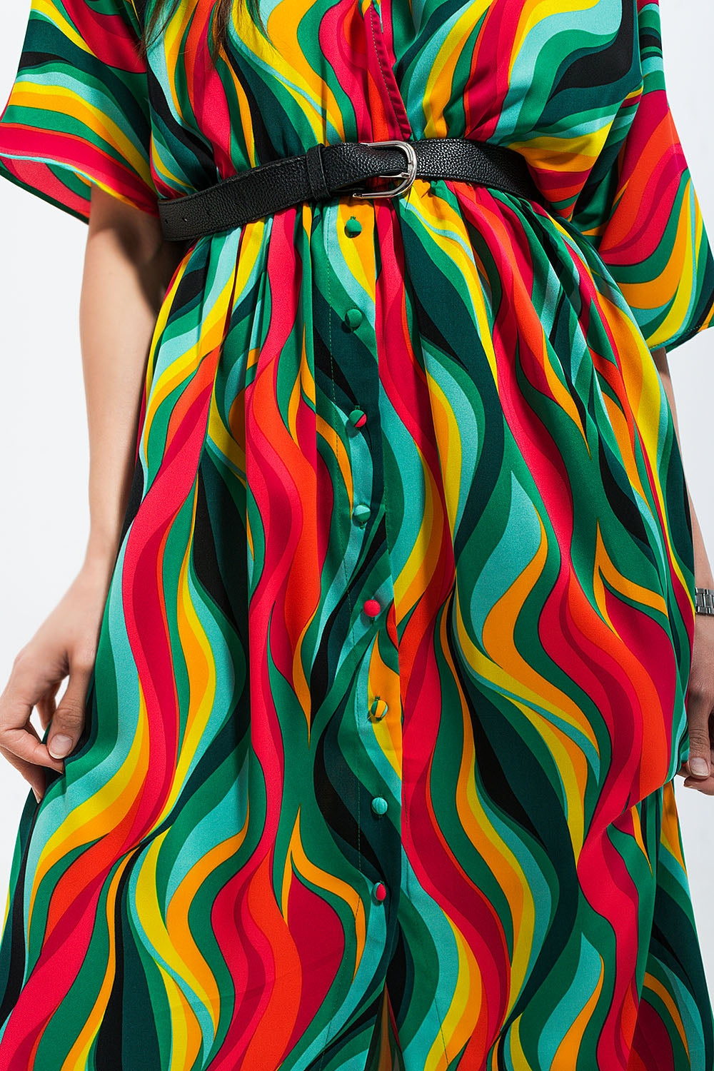 Vestido de camisa com estampa de redemoinho abstracta em verde