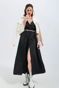 Vestido de manga curta em cetim maxi preto