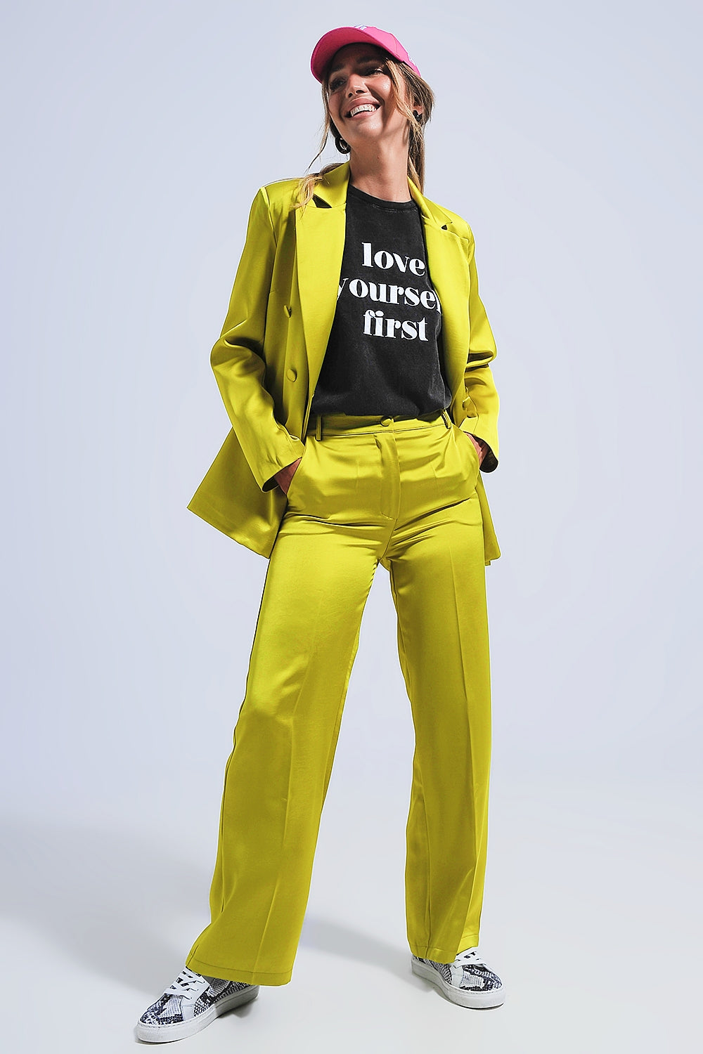 Blazer de cetim de duplo peito verde lima