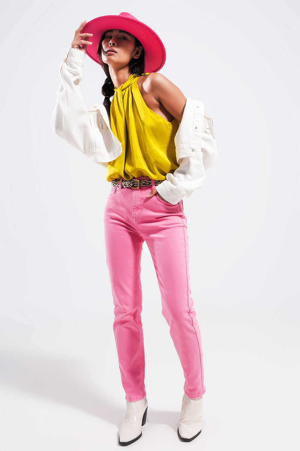 Calças de ganga skinny de esticar algodão rosa