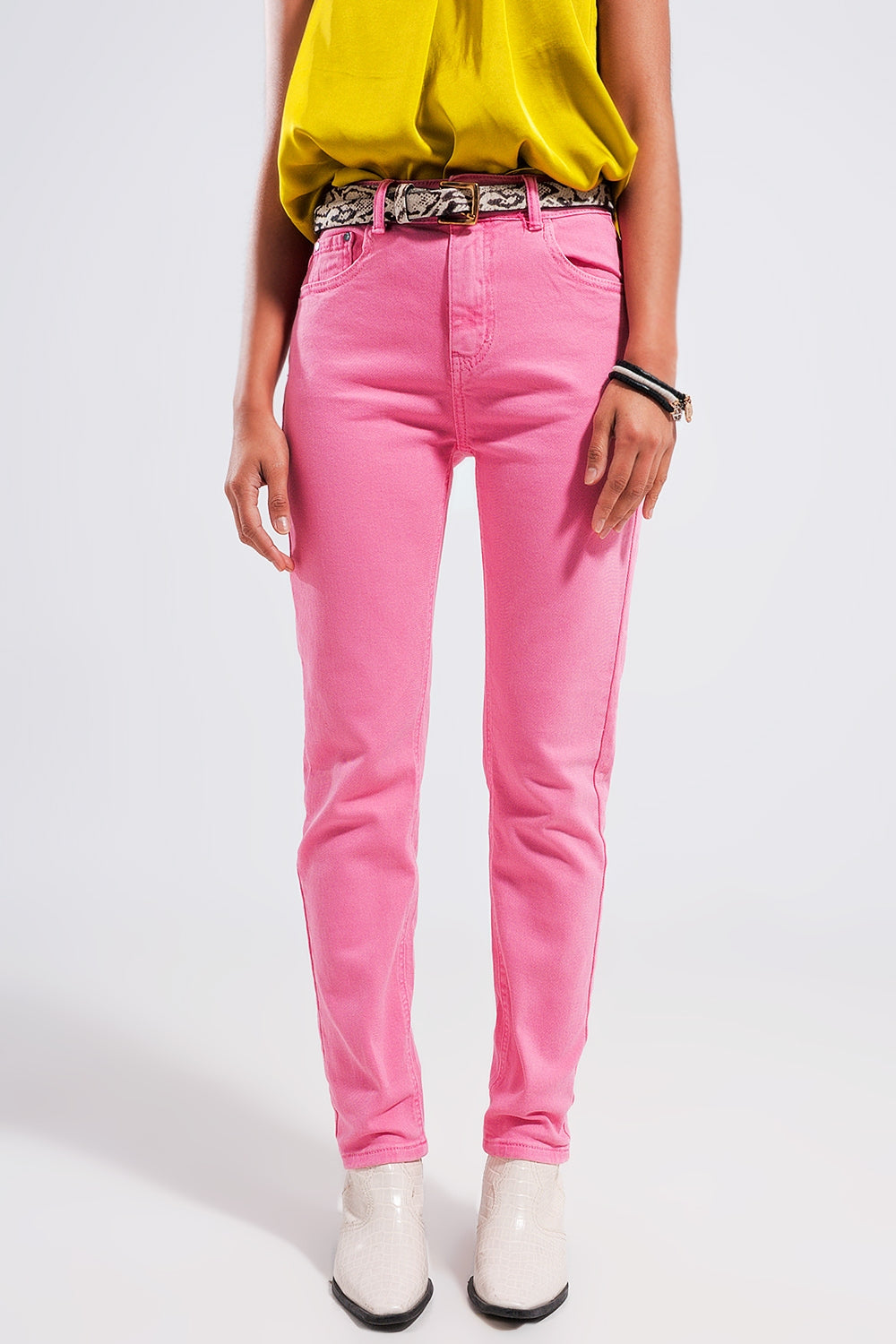 Calças de ganga skinny de esticar algodão rosa