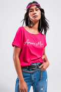 T shirt de cor fuchsia com texto Amore Mio