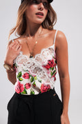Camisole de cetim com corte em renda e impressão em rosas