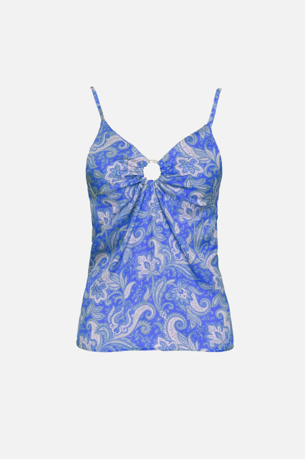 Top em cetim com motivo paisley em azul