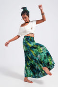 Saia longa em verde com estampas tropicais