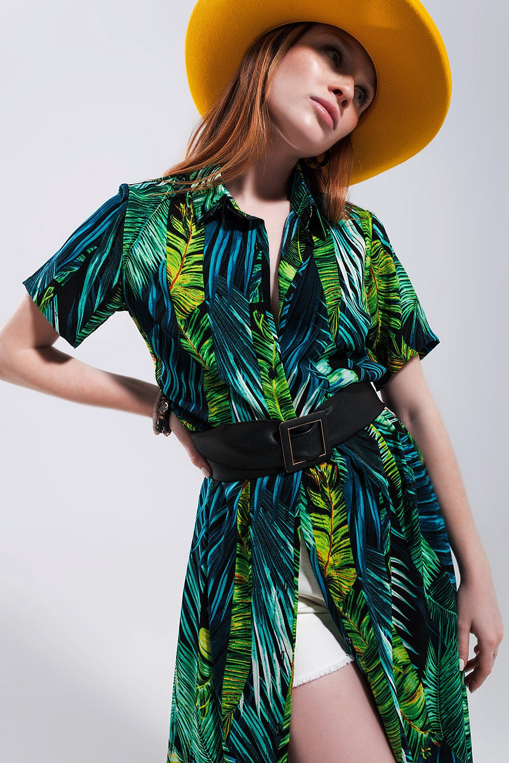 Vestido de camisa maxi estampada tropical