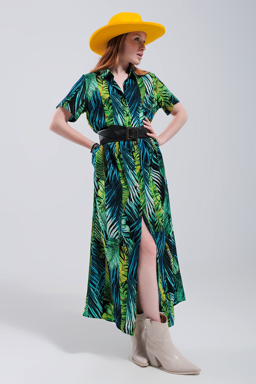 Vestido de camisa maxi estampada tropical