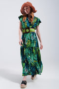 Vestido Midi com mangas curtas e saia em níveis com estampado tropical