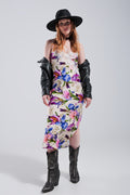 Vestido de alças com estampas florais sortidas e desenho decotado em cetim bege