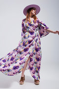 Vestido comprido com mangas de flutter e estampado de flores púrpura