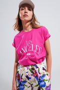 T shirt fuchsia com texto impresso Los Angeles