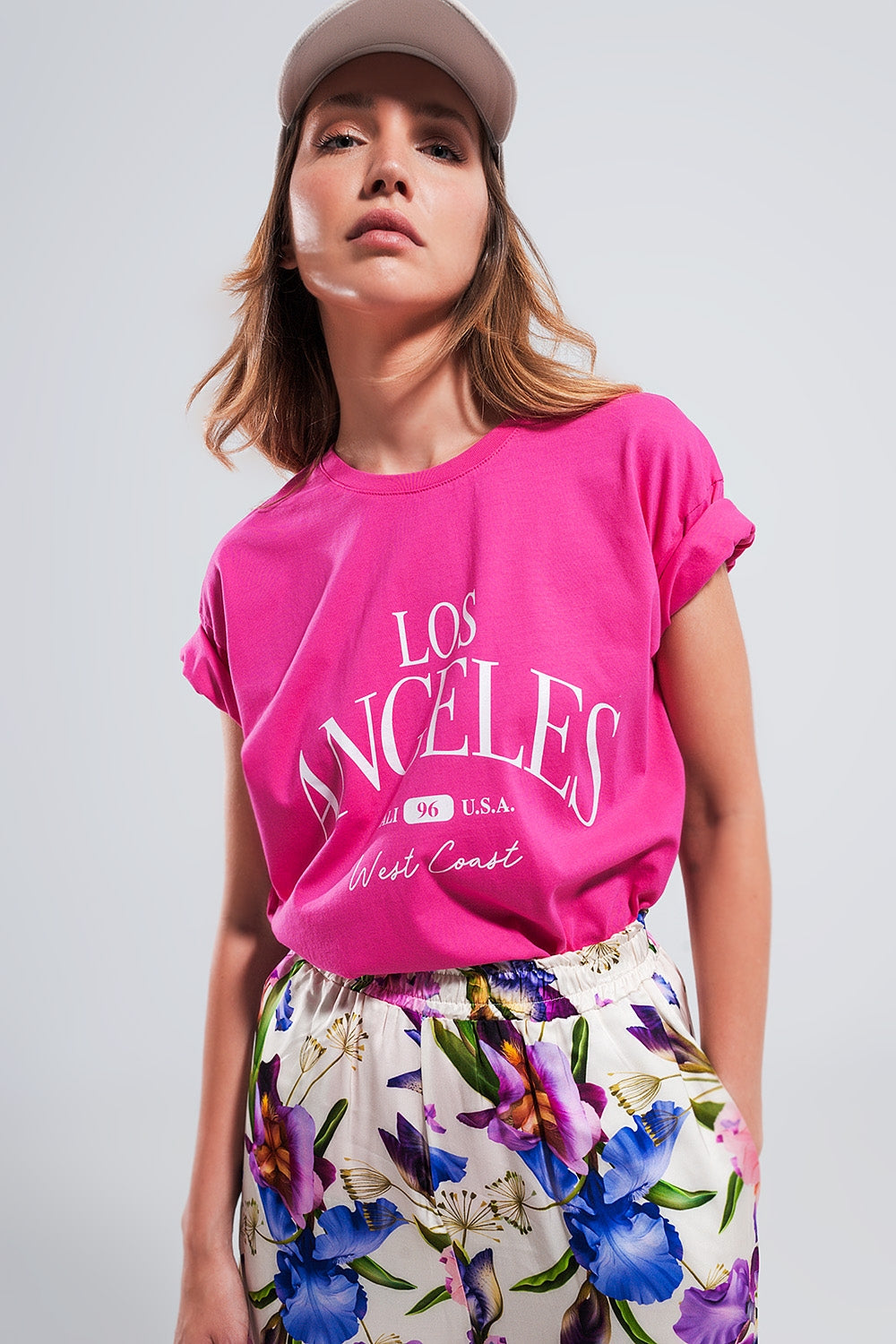 T shirt fuchsia com texto impresso Los Angeles