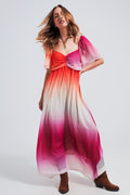 Vestido Maxi com desenho de gradiente e decote de coração fuchsia